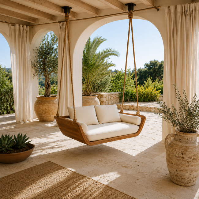 Wood Hanging Swing Sofa – Solid Wood Porch Swing with Cushions for Outdoor Decor Hover Image