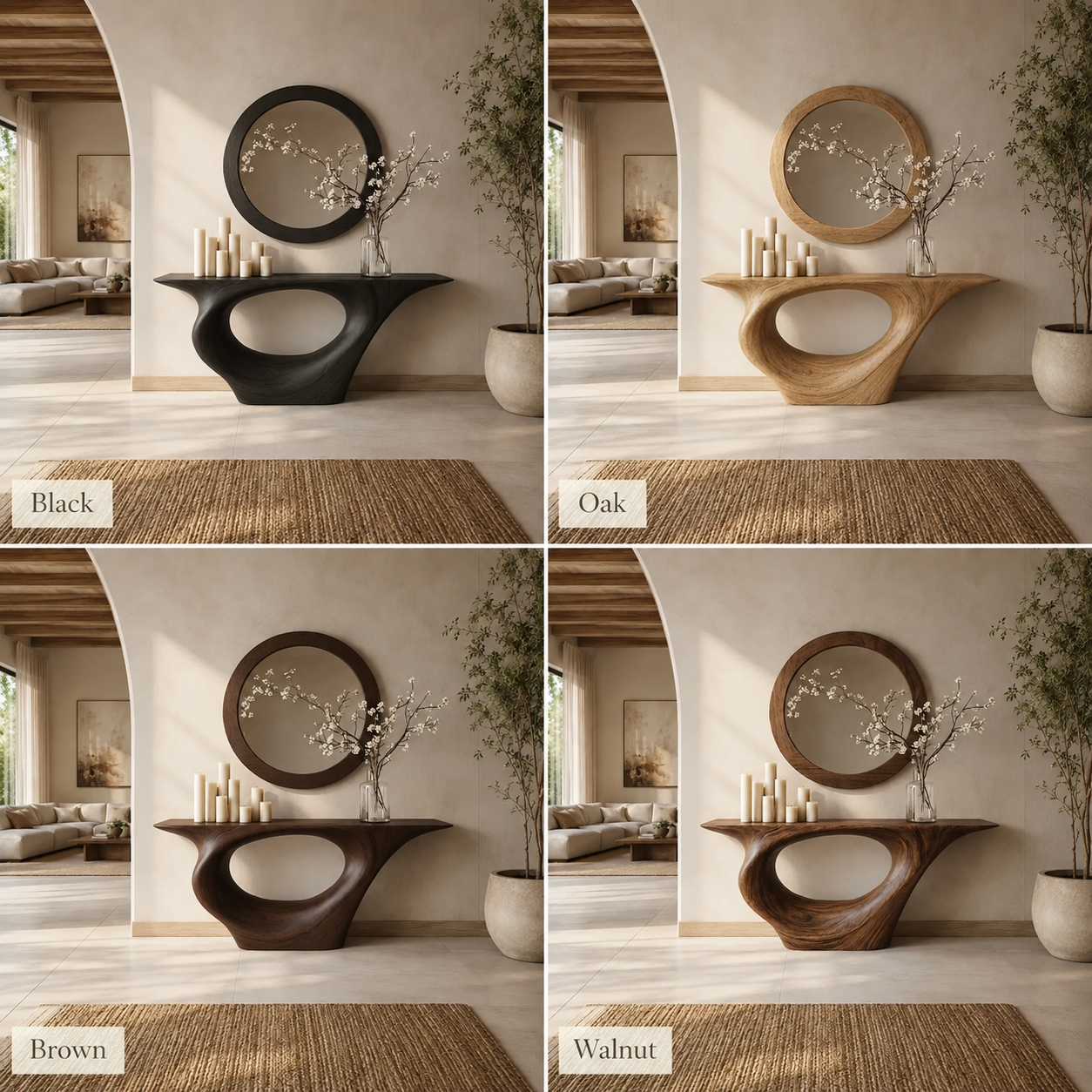 Sculptural Console Table – Solid Wood Entryway Table with Round Mirror