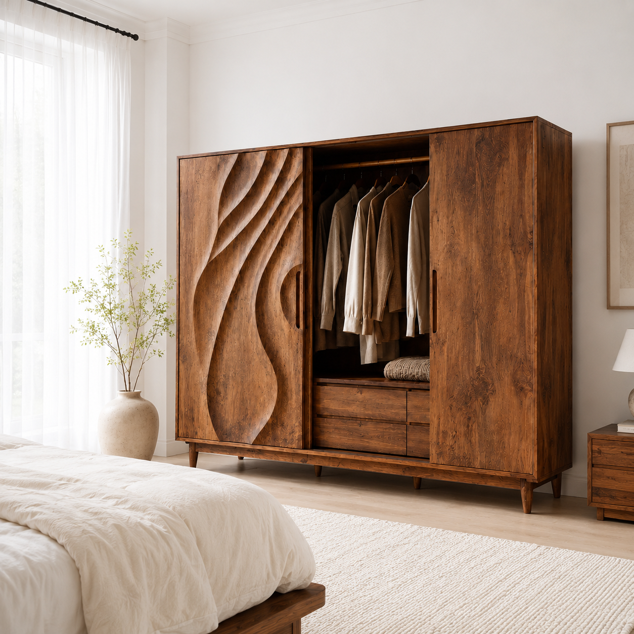 Carved Wood Wardrobe – Solid Wood Sliding Closet Cabinet for Bedroom Decor