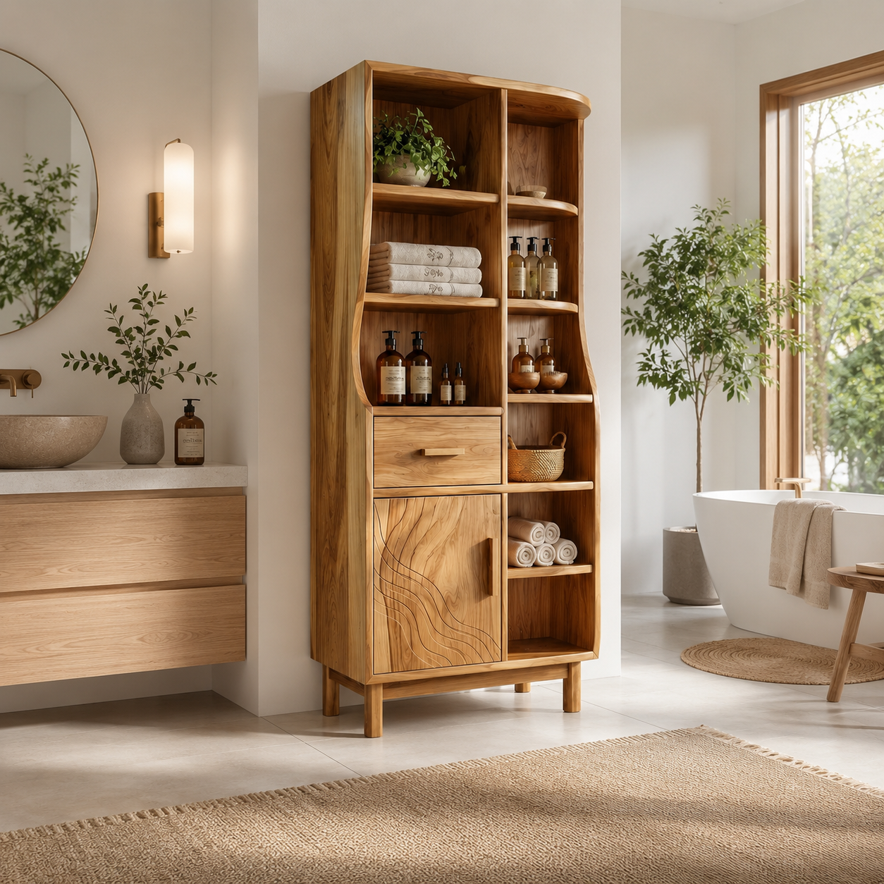 Wood Bathroom Storage Cabinet – Solid Wood Linen Cabinet with Shelves for Bathroom Decor