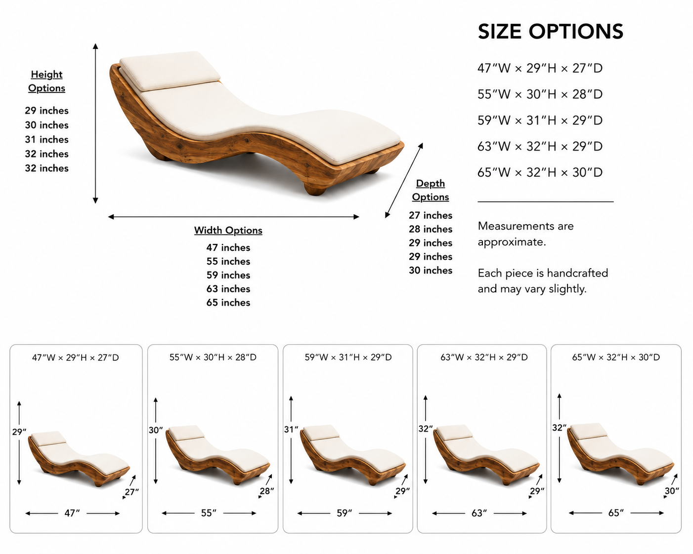 Curved Wood Chaise Lounge – Solid Wood Lounge Chair with Cushion for Living Room Decor