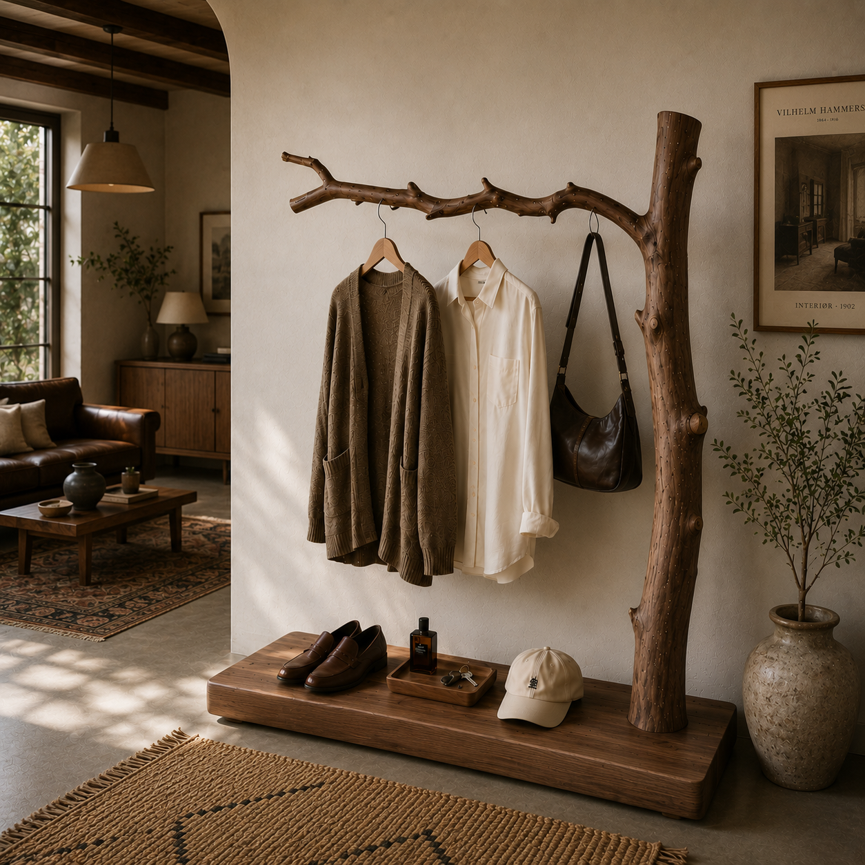 Natural Tree Branch Coat Rack – Handmade Solid Wood Entryway Shelf with Hooks for Rustic Home Decor