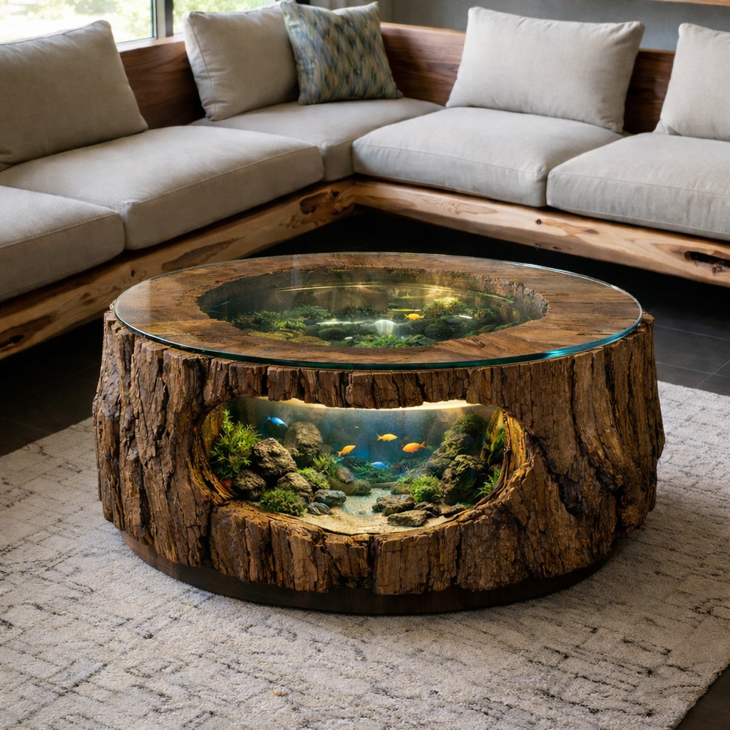 Solid Wood Live Edge Aquarium Coffee Table – Tree Trunk Fish Tank Design