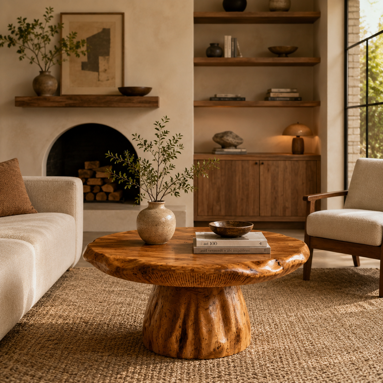 Tree Stump Coffee Table – Solid Wood Round Coffee Table for Rustic Living Room Decor