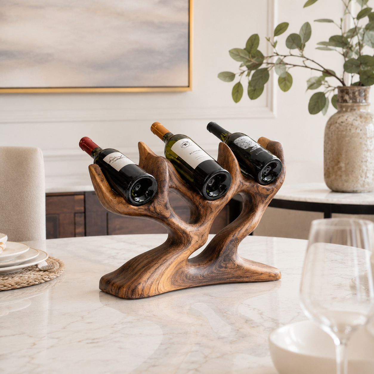 Branch Wood Wine Rack – Solid Wood 3 Bottle Display Stand for Dining Room Decor