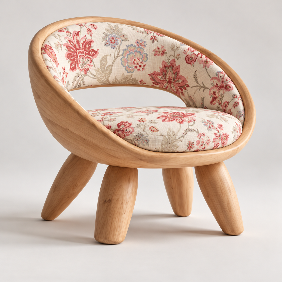 Floral Upholstered Curved Wood Accent Chair