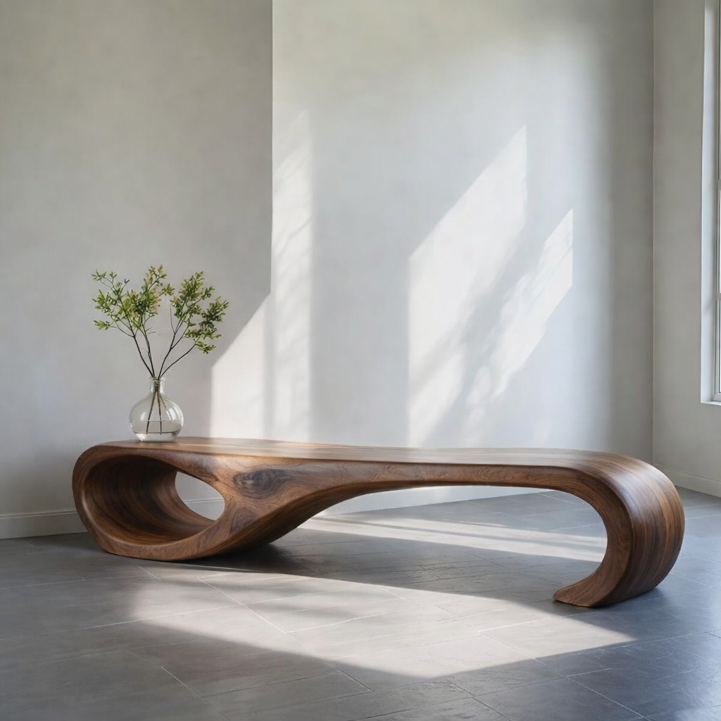 Walnut Wood Bench – Mid-Century Sculptural Bench