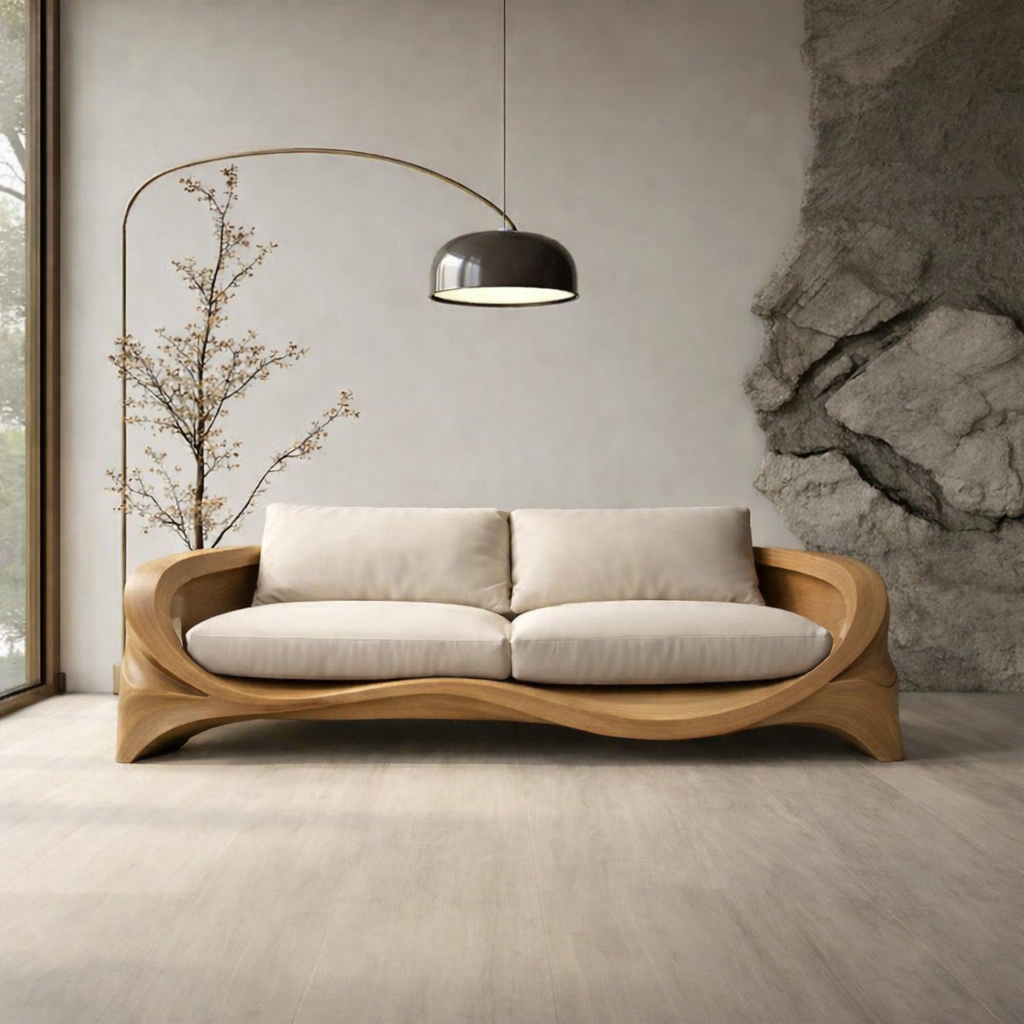 Solid Wood Curved Sofa with Cushions – Sculptural Modern Design