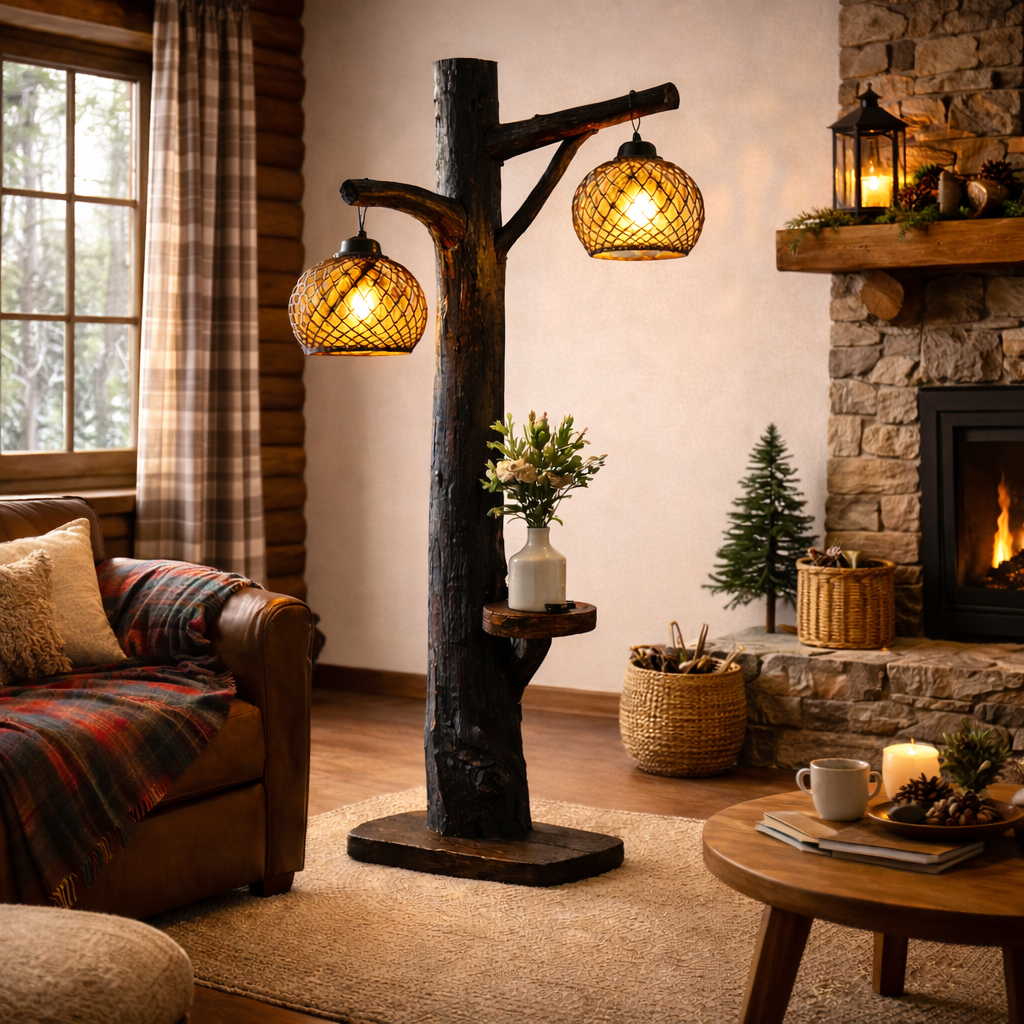 Tree Trunk Floor Lamp – Rustic Wood Standing Light with Hanging Bulbs for Living Room Decor