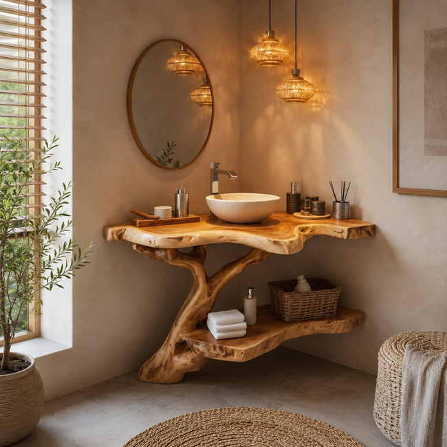 Tree Root Bathroom Vanity Shelf – Handmade Solid Wood Floating Vanity for Organic Luxury Bathrooms Hover Image