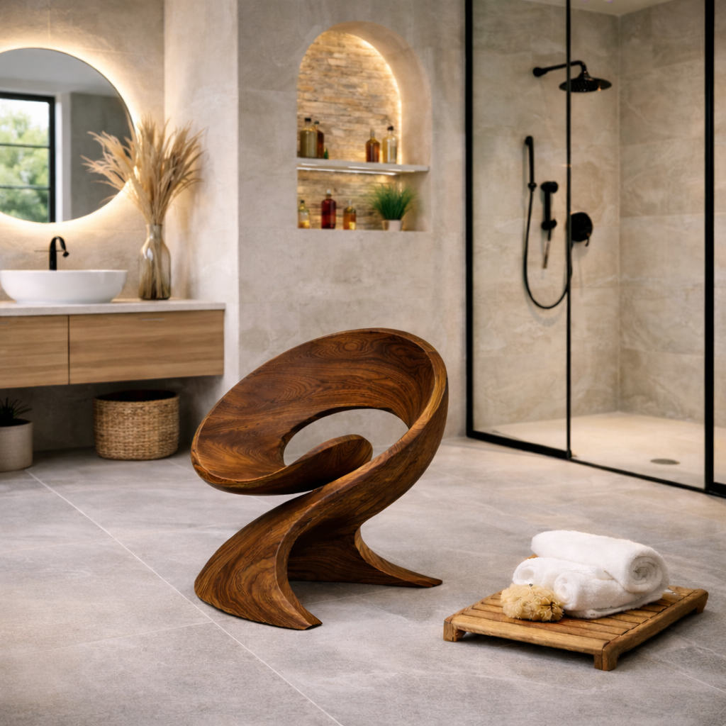 Curved Wooden Shower Chair with Storage – Modern Bathroom Seat