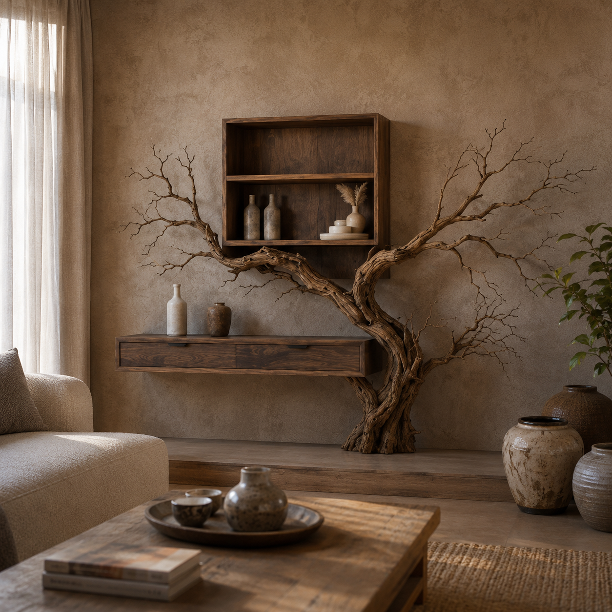 Tree Branch Wood Wall Console – Solid Wood Floating Cabinet with Sculptural Branch Shelf