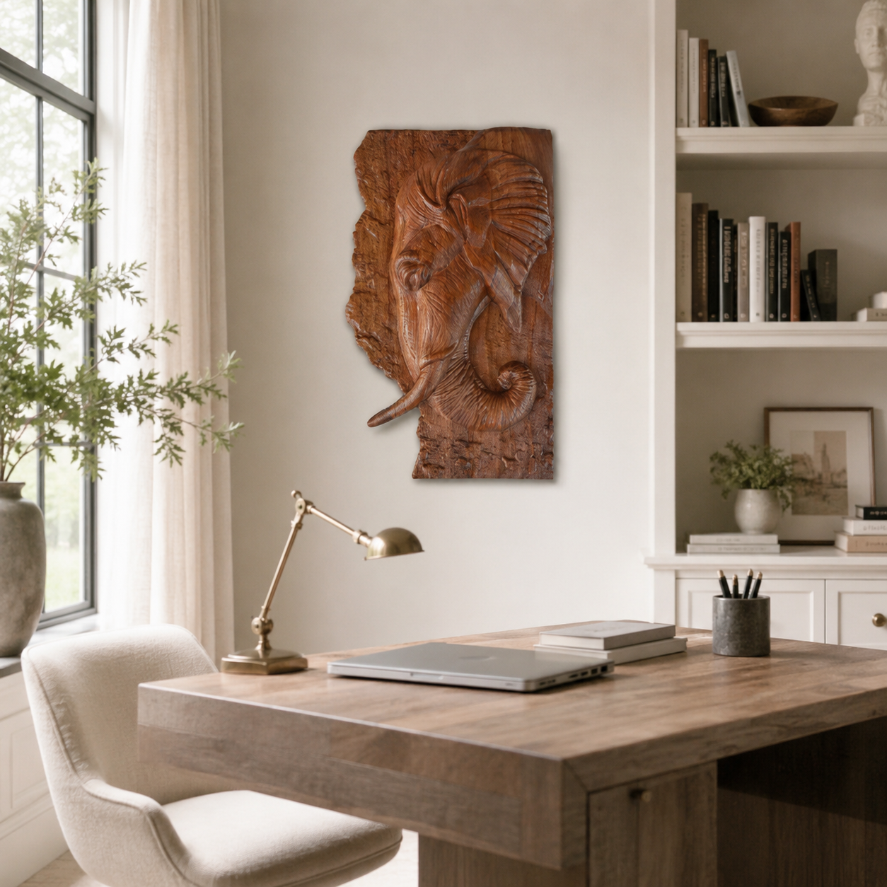 Elephant Wood Wall Art – Solid Wood 3D Relief Carving for Living Room Decor