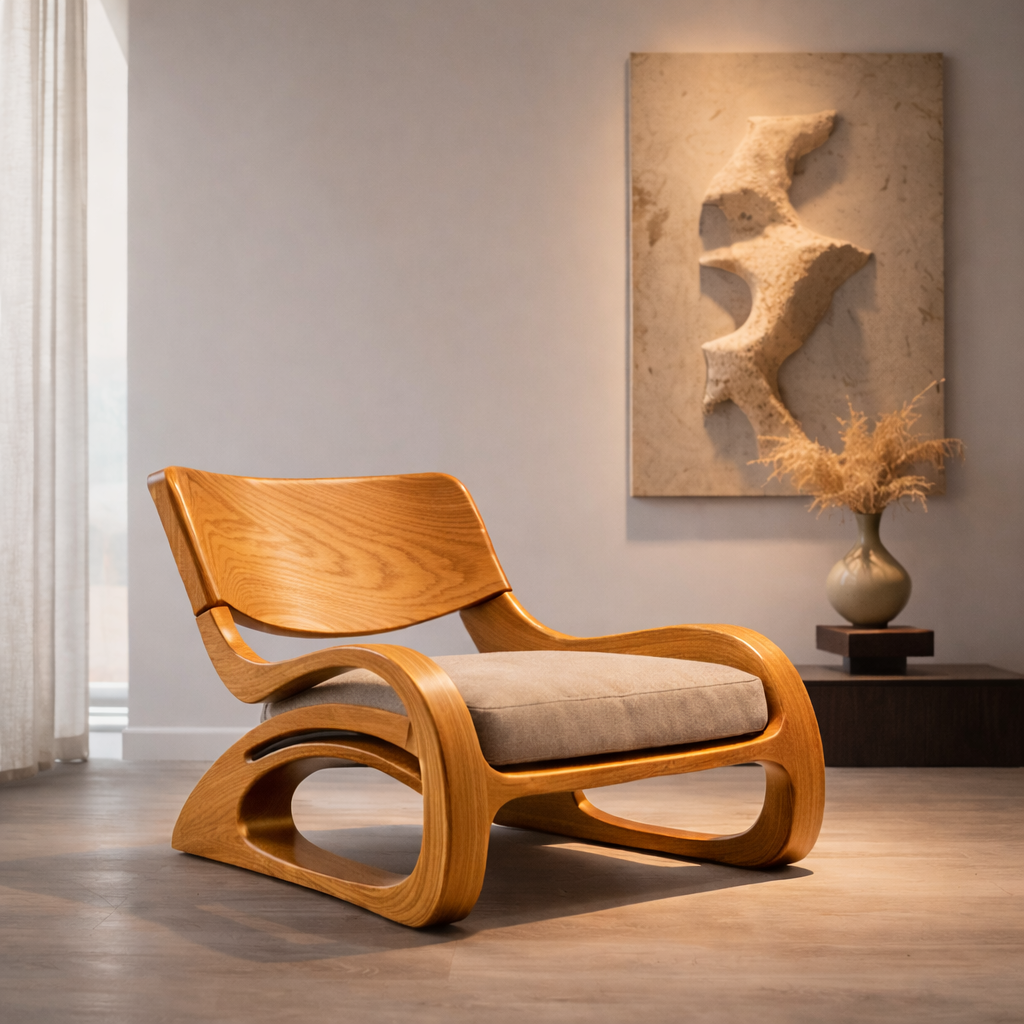 Sculptural Accent Chair – Solid Wood Lounge Chair for Living Room