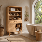 Rounded Wood Bathroom Storage Cabinet – Solid Wood Linen Cabinet with Shelves for Bathroom Decor