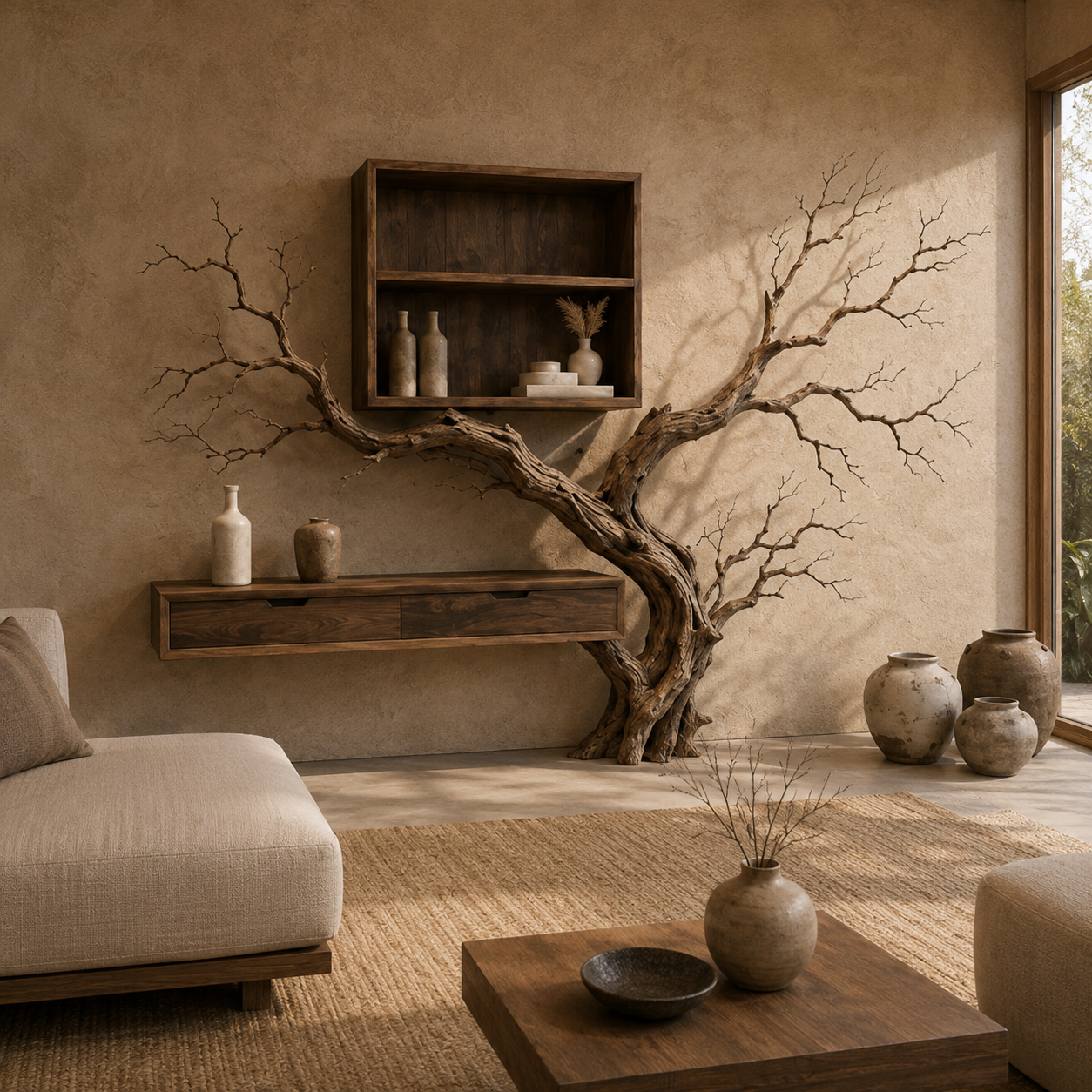 Tree Branch Wood Wall Console – Solid Wood Floating Cabinet with Sculptural Branch Shelf