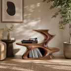 Modern Sculptural Wooden Side Table – Solid Wood Accent Table with Magazine Storage for Living Room