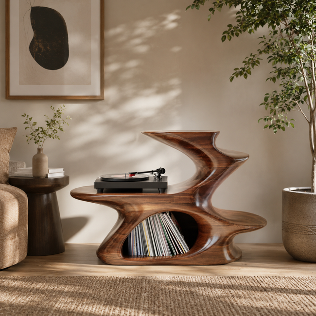 Modern Sculptural Wooden Side Table – Solid Wood Accent Table with Magazine Storage for Living Room Hover Image