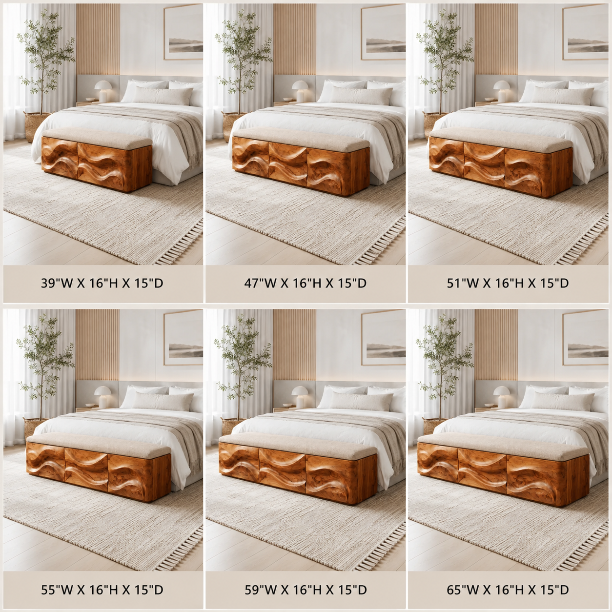 Wave Carved Wood Bedroom Bench – Solid Wood End of Bed Storage Bench with Upholstered Cushion