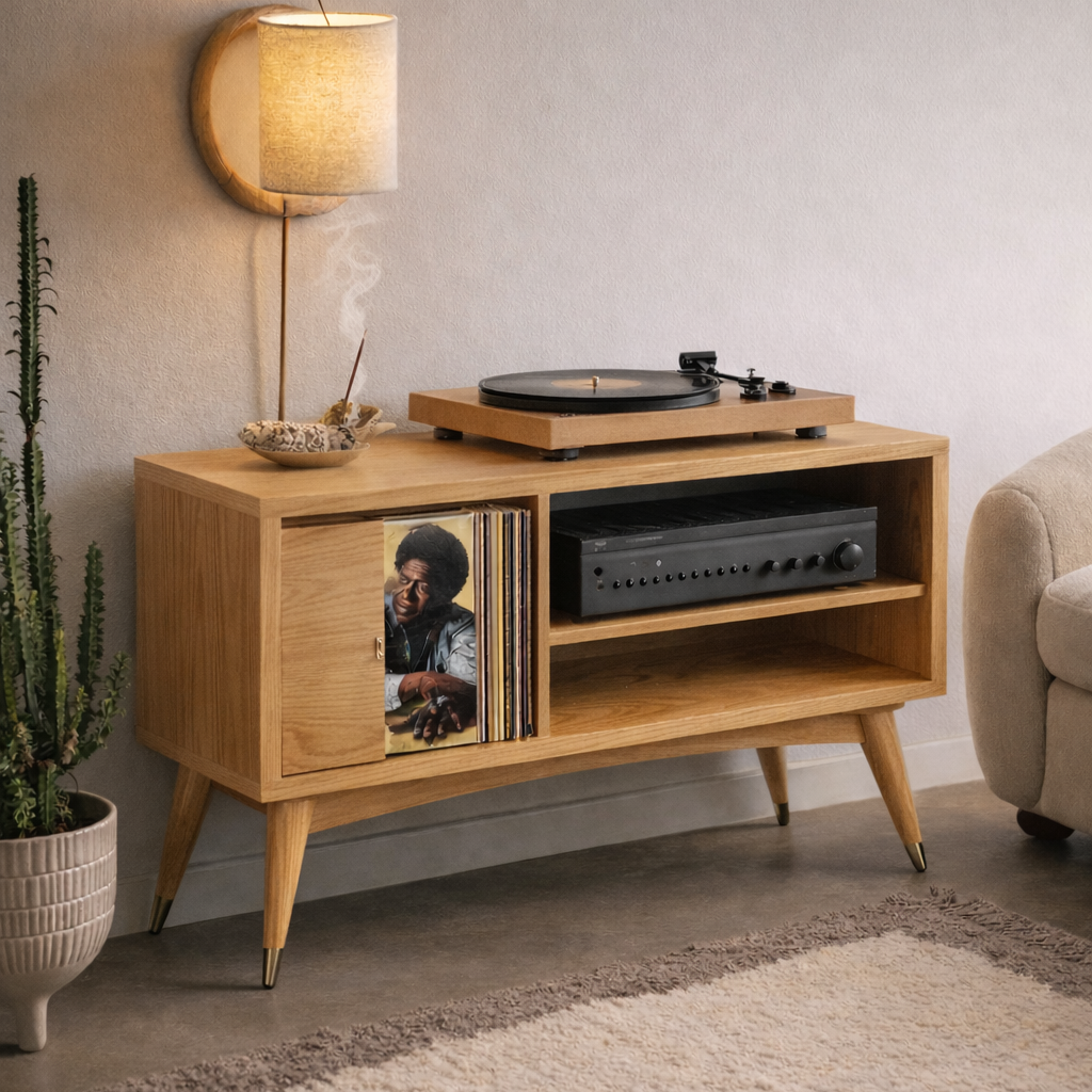 Solid Wood Turntable Console – Mid-Century Vinyl Storage Cabinet