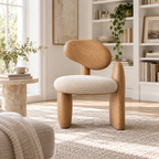 Sculptural Wood Back Bouclé Accent Chair