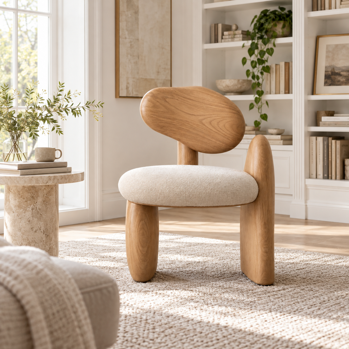 Sculptural Wood Back Bouclé Accent Chair