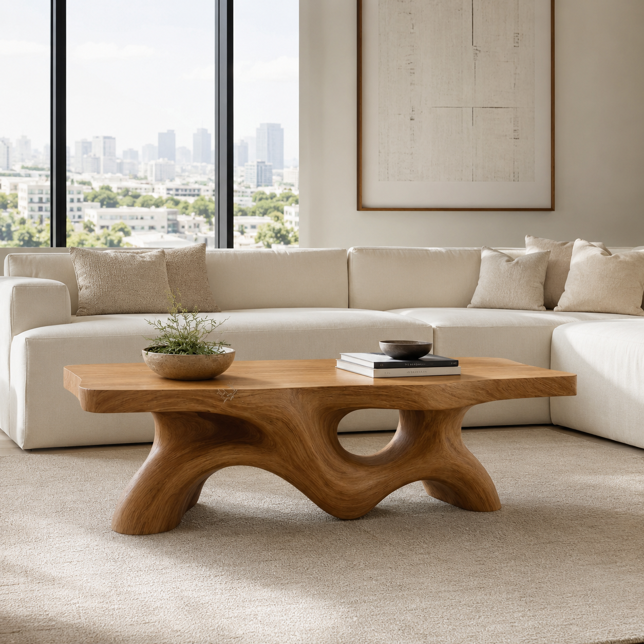 Sculptural Wave Solid Wood Coffee Table – Handcrafted Organic Curved Design