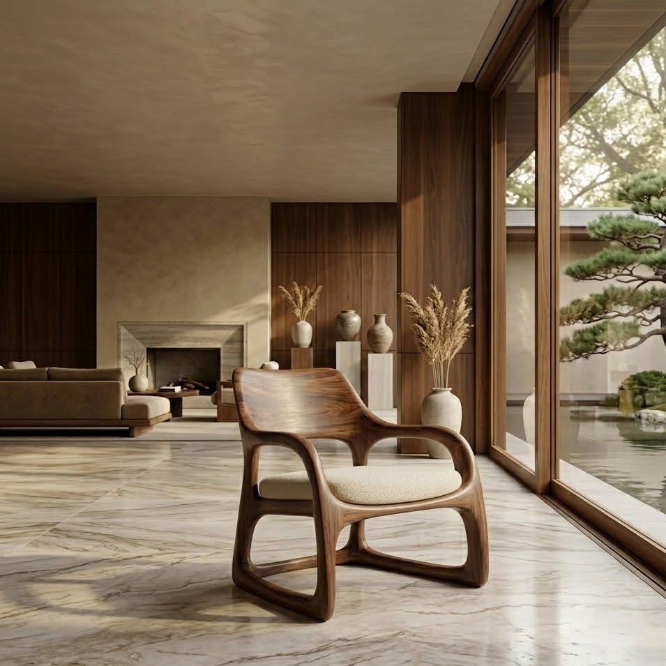 Sculptural Lounge Chair – Solid Wood Accent Chair with Cushioned Seat