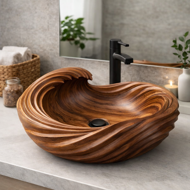 Sculptural Hand-Carved Solid Wood Vessel Sink – Wave Design Bathroom Basin Hover Image