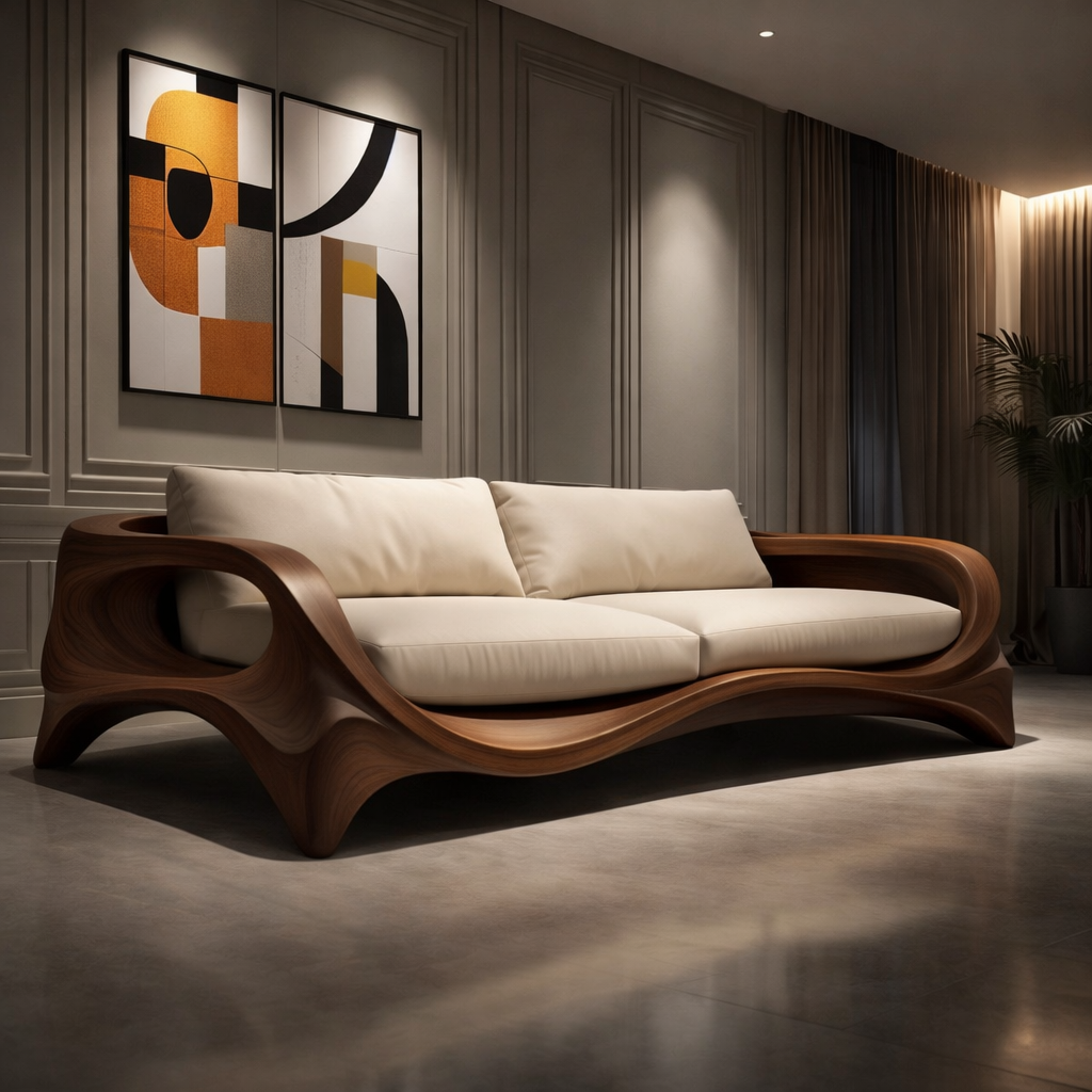 Solid Wood Curved Sofa with Cushions – Sculptural Modern Design