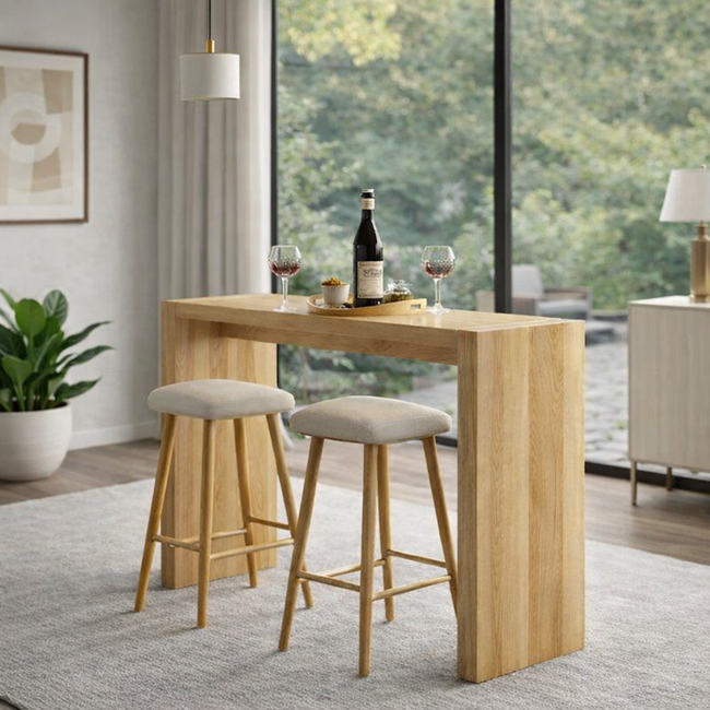 Modern Wooden Bar Table with Stools | Minimalist Kitchen & Dining Counter Set Hover Image