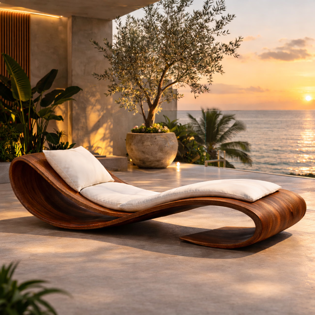 Sculptural Chaise Lounge – Solid Wood Outdoor Lounge Chair
