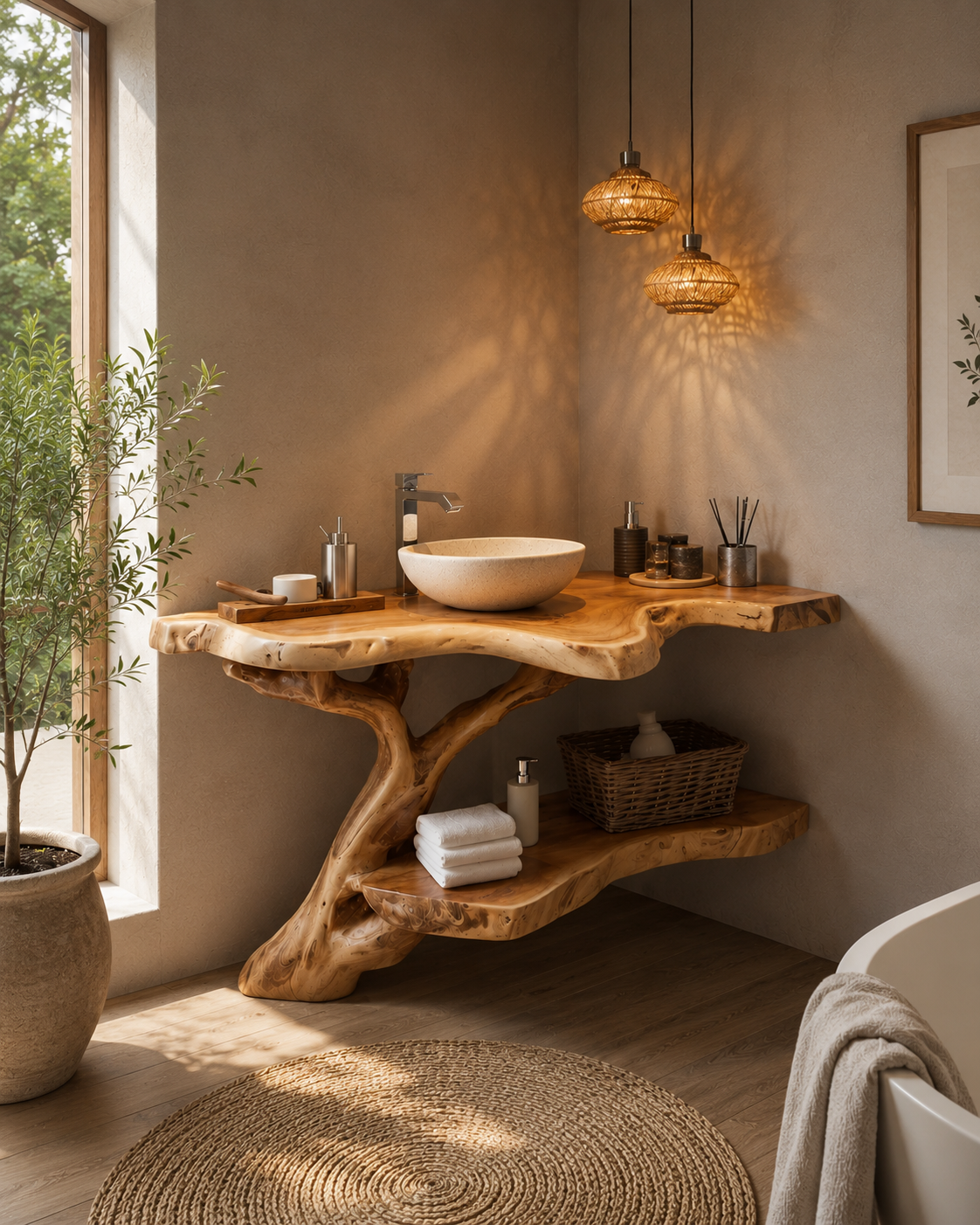 Tree Root Bathroom Vanity Shelf – Handmade Solid Wood Floating Vanity for Organic Luxury Bathrooms