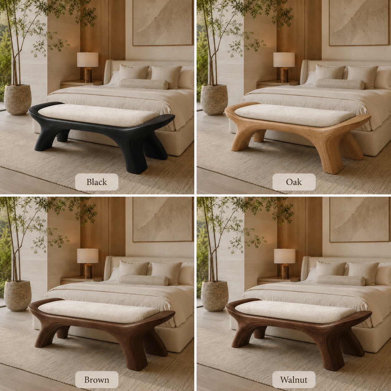 Sculptural Wood Bedroom Bench – Solid Wood End of Bed Bench with Cushion for Bedroom Decor