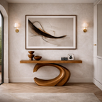 Sculptural Solid Wood Console & Abstract Wall Art Set – Modern Curved Design