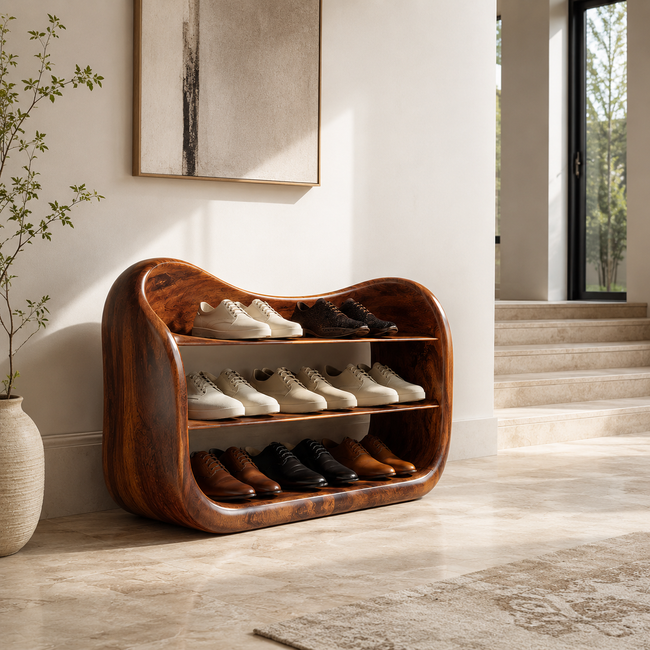 Curved Wood Shoe Rack – Solid Wood Entryway Shoe Storage Shelf for Home Decor Hover Image