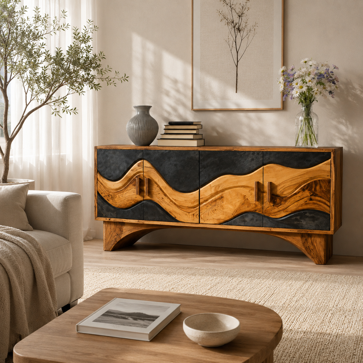 Wave Inlay Wood Sideboard Cabinet