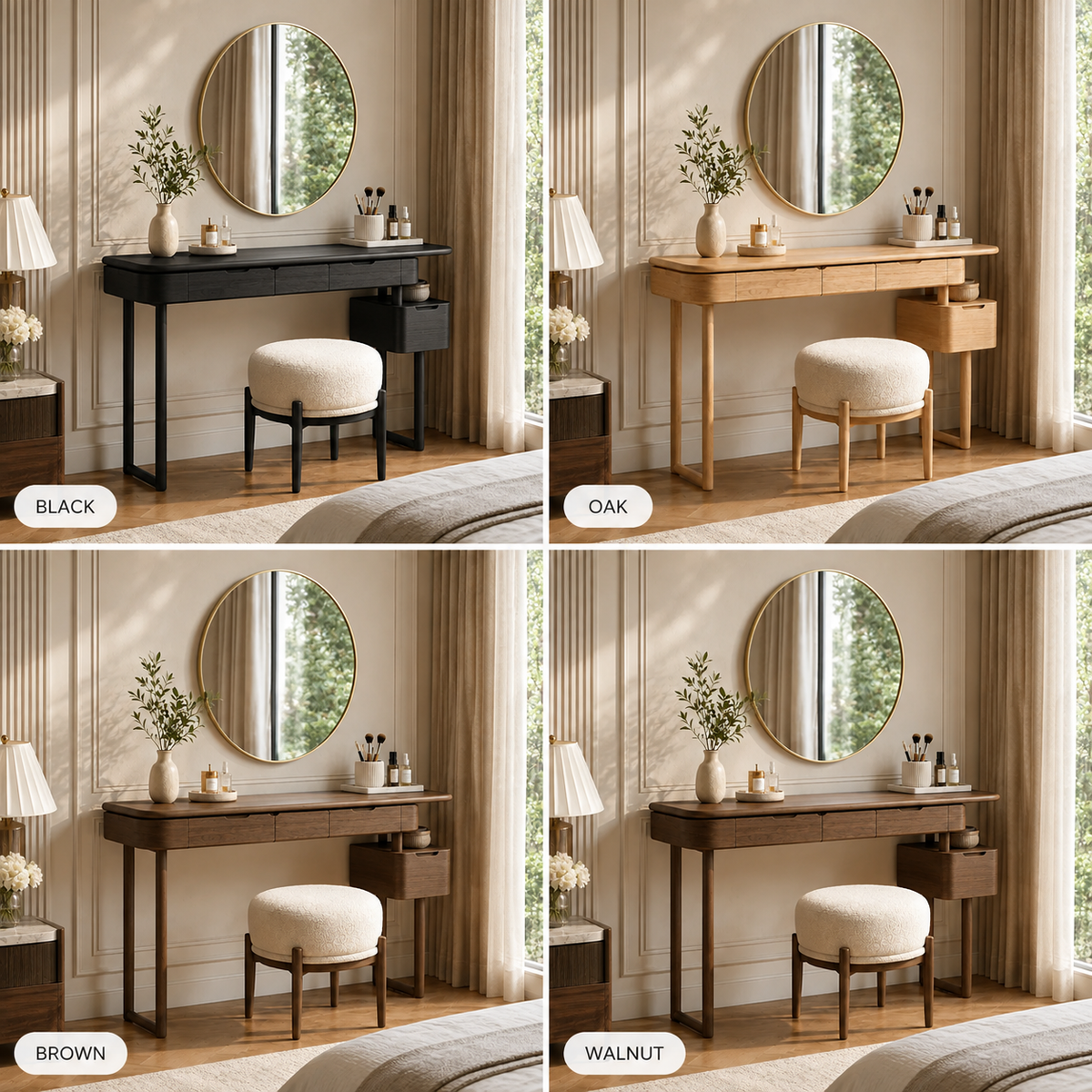 Makeup Vanity Table – Solid Wood Vanity with Round Mirror and Stool