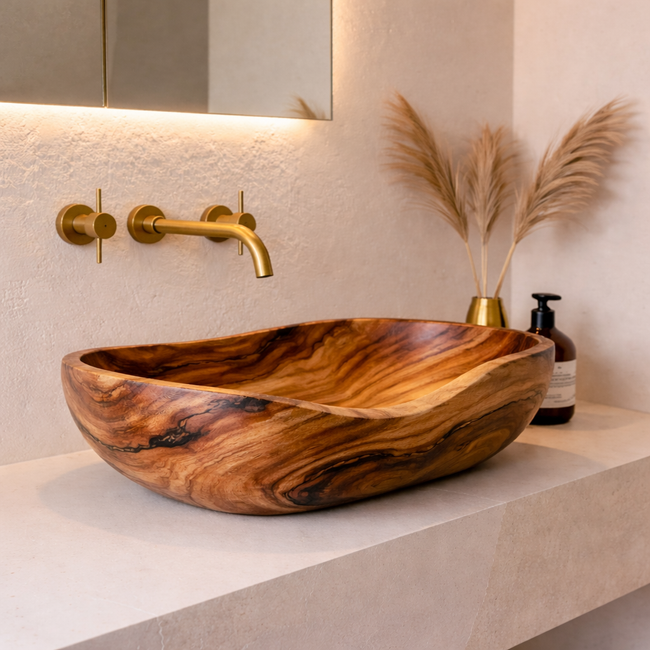 Handcrafted Wooden Round Sink - Elegant Bathroom Wash Basin Hover Image