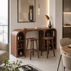 Curved Wood Bar Table Set – Solid Wood Breakfast Bar with Storage Shelves and Stools