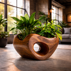 Modern Circular Wooden Planter with Lush Foliage – Artistic Home Décor