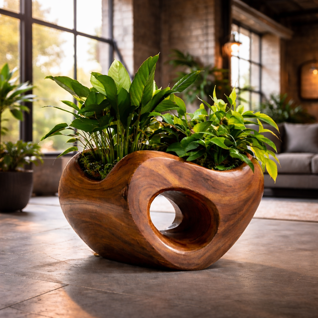 Modern Circular Wooden Planter with Lush Foliage – Artistic Home Décor