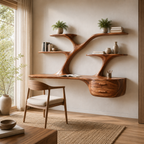 Tree Branch Wood Floating Desk – Solid Wood Wall Mounted Desk with Display Shelves for Home Office Decor