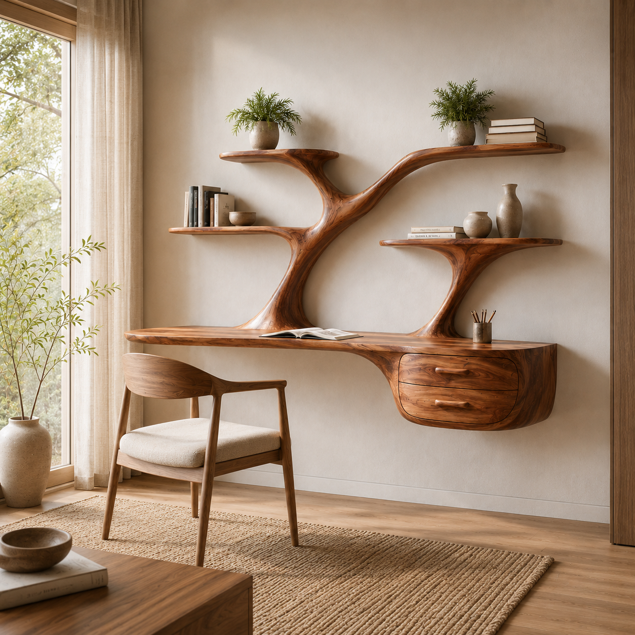 Tree Branch Wood Floating Desk – Solid Wood Wall Mounted Desk with Display Shelves for Home Office Decor