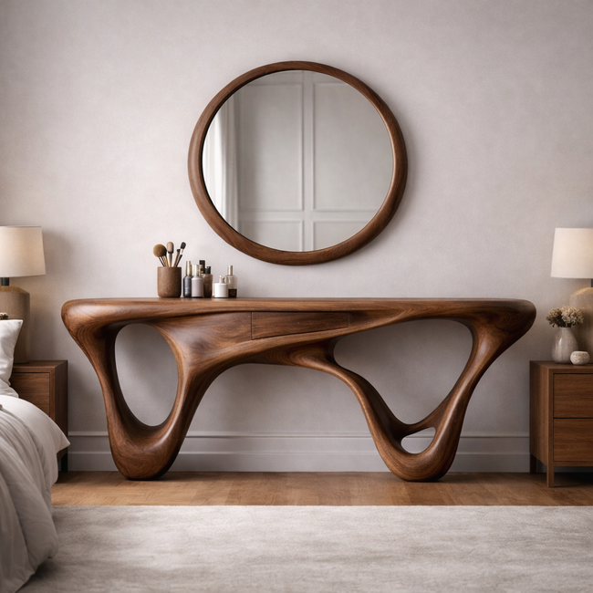 Organic Sculptural Wooden Console Table with Round Mirror | Modern Entryway & Living Room Statement Set Hover Image