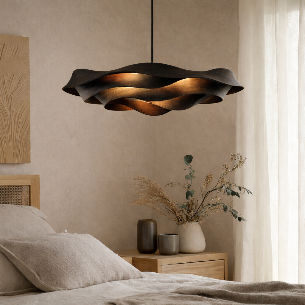 Wave-Inspired Solid Wood Pendant Light – Artistic Ceiling Lighting