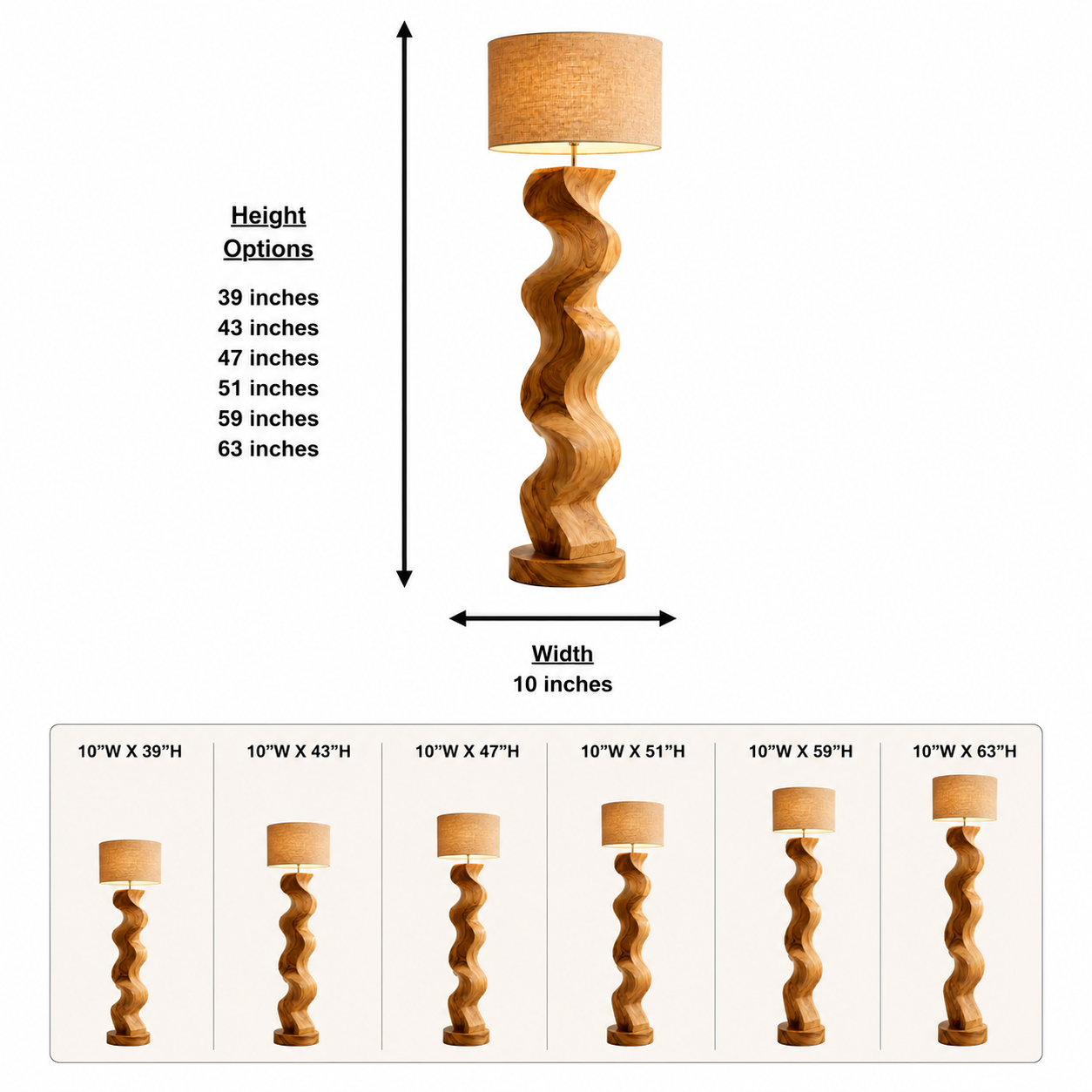 Sculptural Wood Floor Lamp – Solid Wood Wavy Standing Lamp with Fabric Shade for Living Room Decor