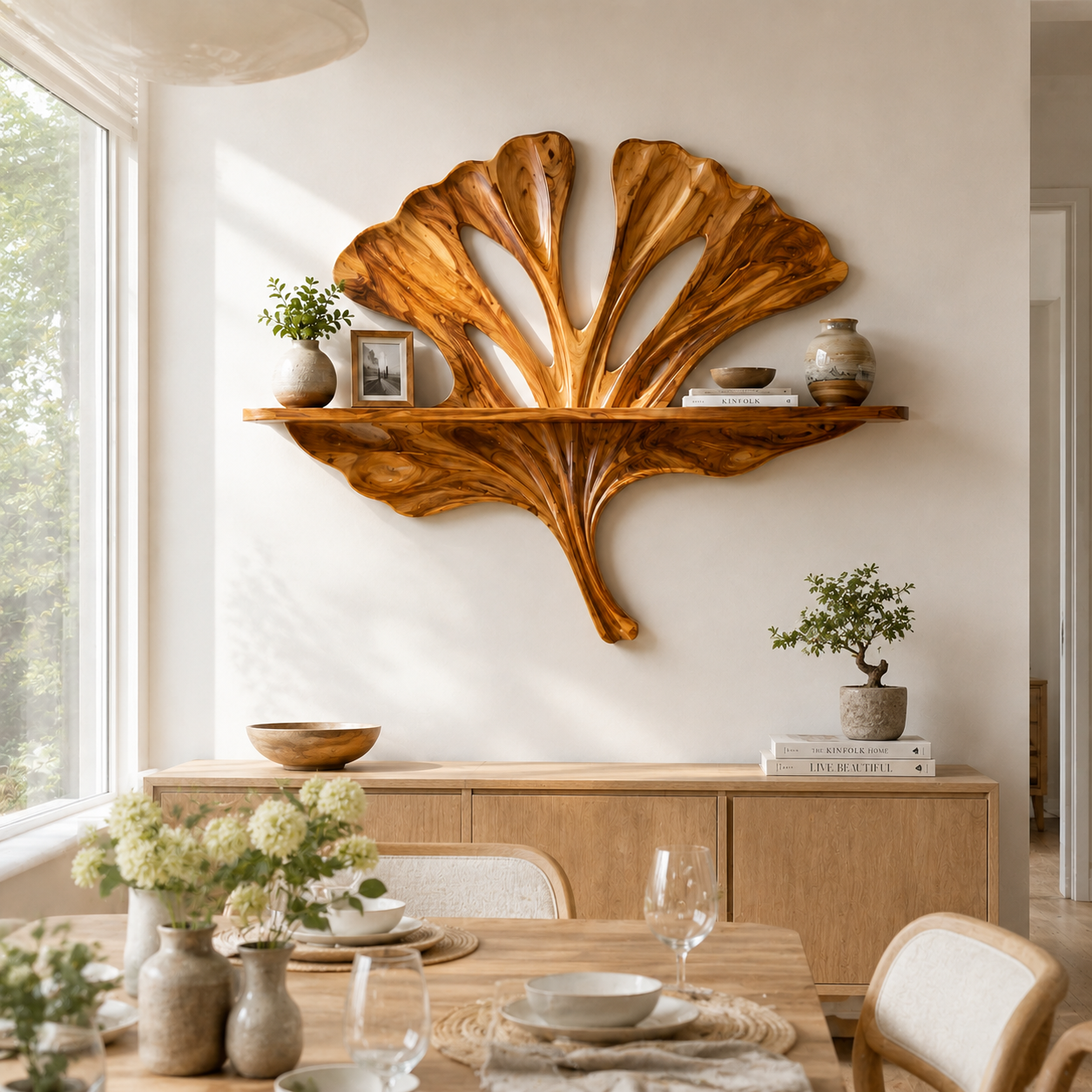 Ginkgo Leaf Sculptural Wood Wall Shelf