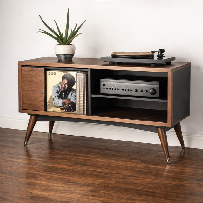 Solid Wood Turntable Console – Mid-Century Vinyl Storage Cabinet Hover Image