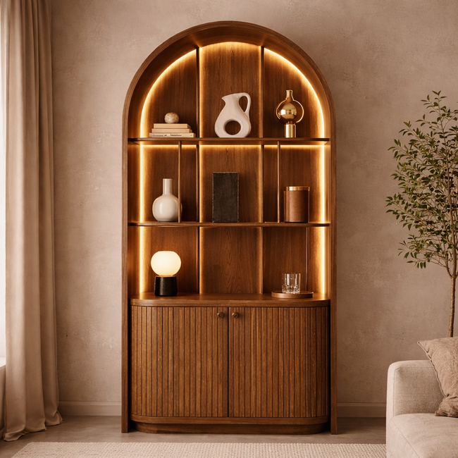 Arched Wooden Bar Cabinet with Glass Display & LED Lighting | Luxury Home Bar Storage Hover Image